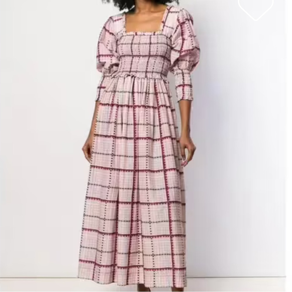 GANNI RUCHED SEERSUCKER PLAID DRESS PINK